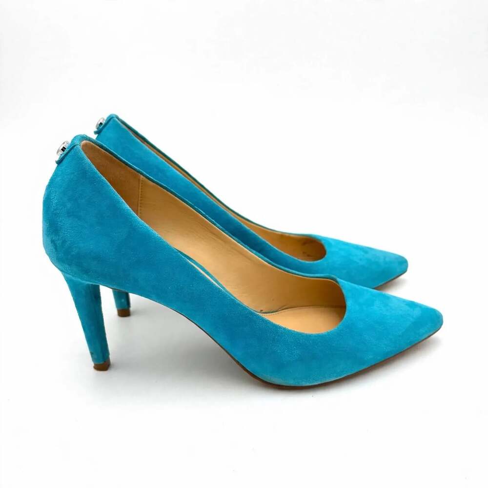 Michael Kors Teal Suede Pumps Pointed Toe Stiletto Heels Turquoise Blue MK Charm